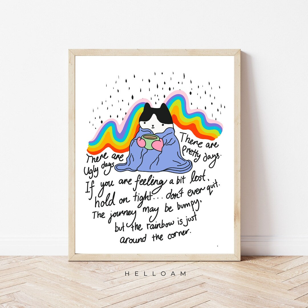 Whimsical Cat Print: Mental Health Boosting Rainbow Wall Art & Kitchen Decor