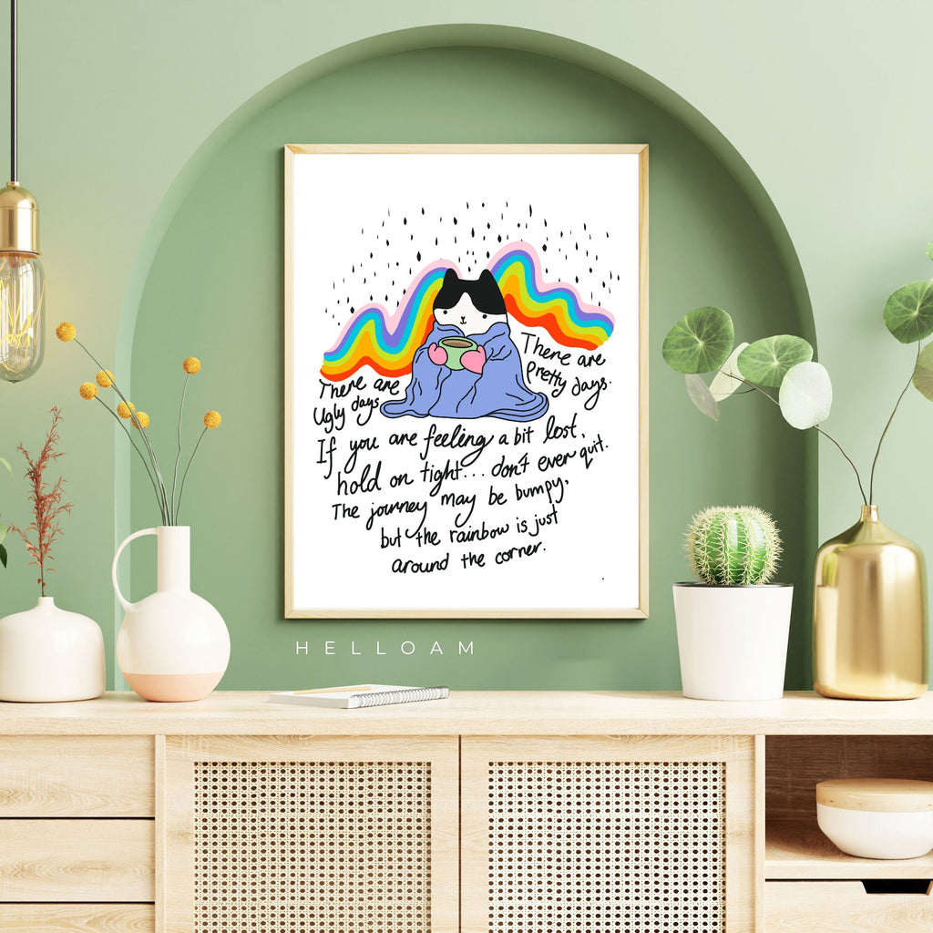 Whimsical Cat Print: Mental Health Boosting Rainbow Wall Art & Kitchen Decor